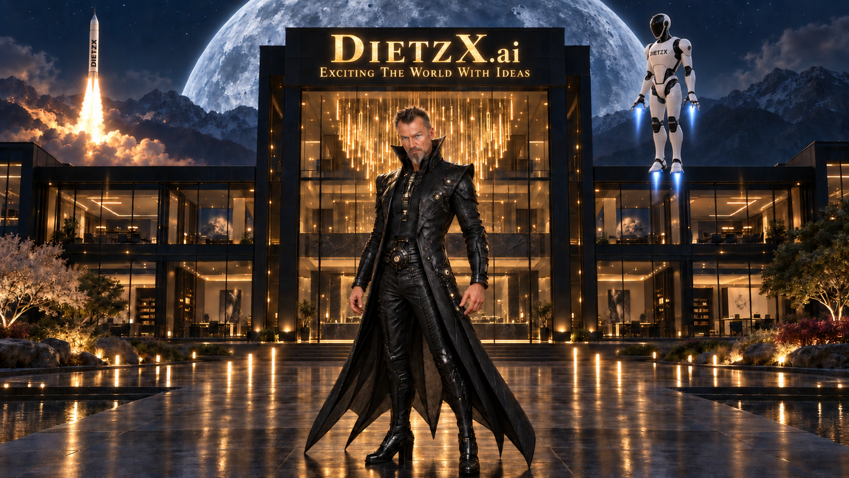 DietzX.ai — Exciting The World With Ideas. G in a full-length black leather coat stands before the black-glass headquarters beneath a huge moon, with a hovering white guardian and an ascending rocket.